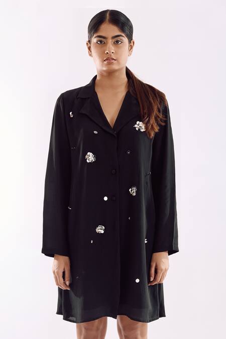 Buy Notsosure Black Georgette, Satin Sequins Collared Organza Jacket Dress Online at Aza Fashions Buy_Notsosure_Black Georgette, Satin Sequins Collared Organza Jacket Dress _Online_at_Aza_Fashions