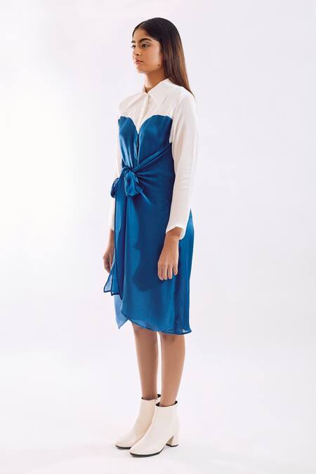 Buy Notsosure Blue Georgette, Satin Collared Half Tie Dress Online at Aza Fashions Buy_Notsosure_Blue Georgette, Satin Collared Half Tie Dress _Online_at_Aza_Fashions