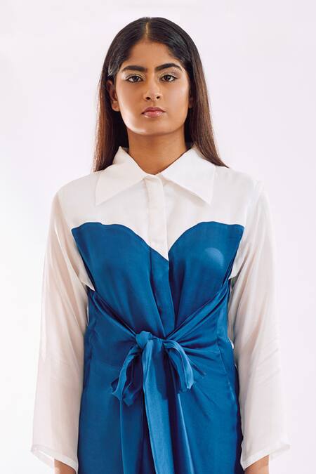 Shop Notsosure Blue Georgette, Satin Collared Half Tie Dress Online at Aza Fashions Shop_Notsosure_Blue Georgette, Satin Collared Half Tie Dress _Online_at_Aza_Fashions