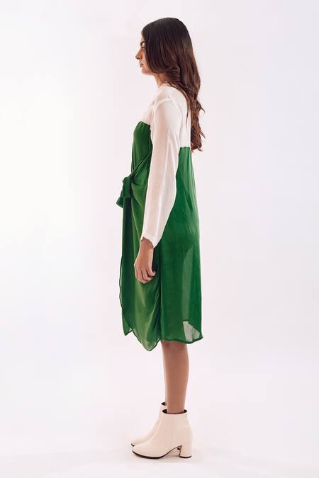 Notsosure_Green Georgette, Satin Collared Half Tie Midi Dress _Online_at_Aza_Fashions
