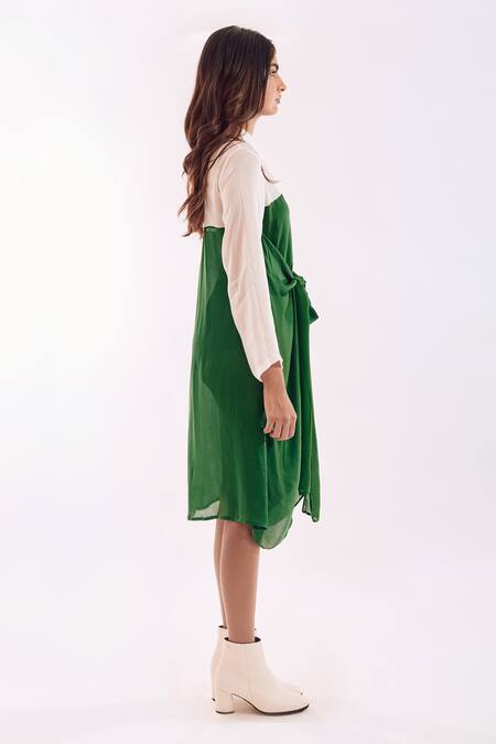 Buy_Notsosure_Green Georgette, Satin Collared Half Tie Midi Dress _Online_at_Aza_Fashions