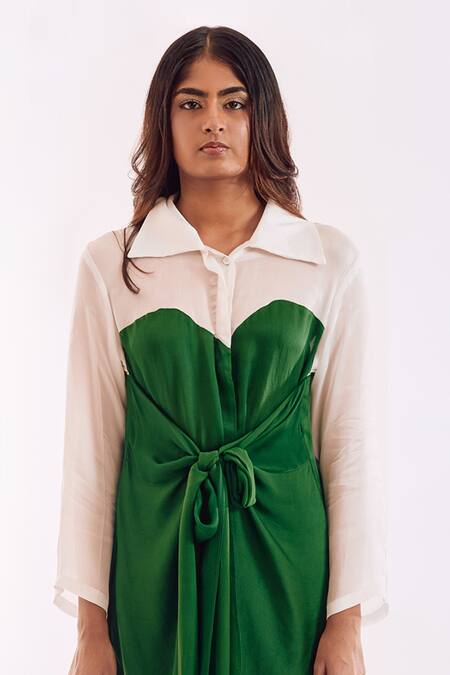 Shop_Notsosure_Green Georgette, Satin Collared Half Tie Midi Dress _Online_at_Aza_Fashions