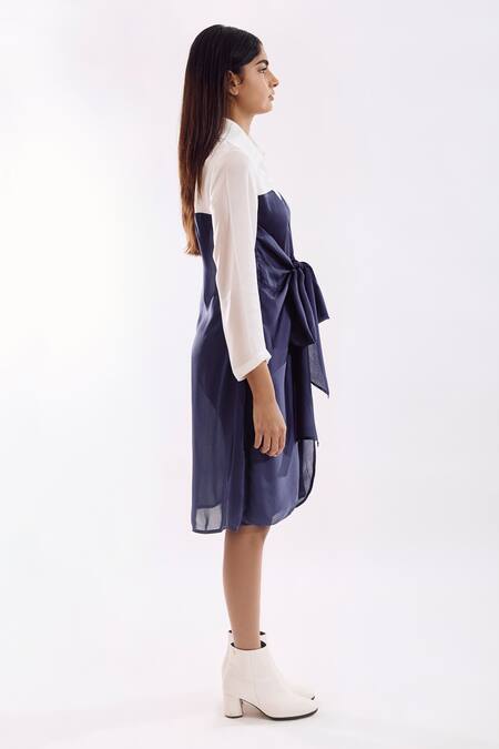 Notsosure Blue Georgette, Satin Collared Color Block Half Tie Dress Online at Aza Fashions Notsosure_Blue Georgette, Satin Collared Color Block Half Tie Dress _Online_at_Aza_Fashions
