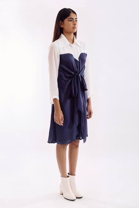 Buy Notsosure Blue Georgette, Satin Collared Color Block Half Tie Dress Online at Aza Fashions Buy_Notsosure_Blue Georgette, Satin Collared Color Block Half Tie Dress _Online_at_Aza_Fashions
