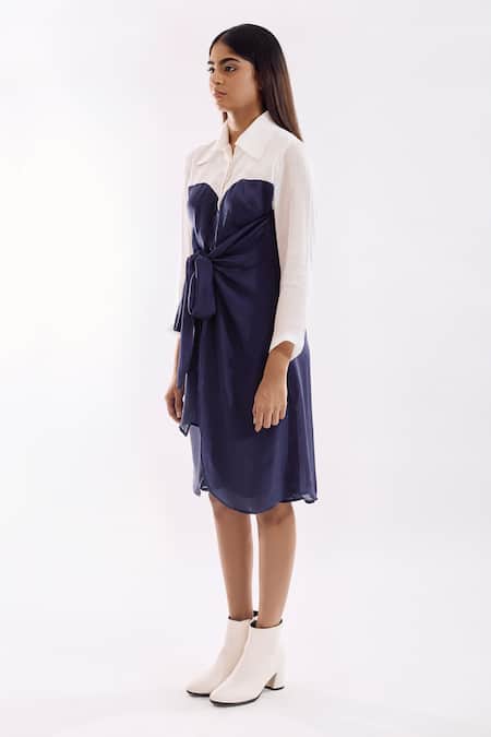 Shop Notsosure Blue Georgette, Satin Collared Color Block Half Tie Dress Online at Aza Fashions Shop_Notsosure_Blue Georgette, Satin Collared Color Block Half Tie Dress _Online_at_Aza_Fashions