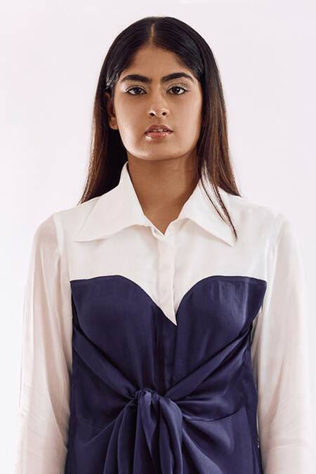 Notsosure Blue Georgette, Satin Collared Color Block Half Tie Dress at Aza Fashions Notsosure_Blue Georgette, Satin Collared Color Block Half Tie Dress _at_Aza_Fashions