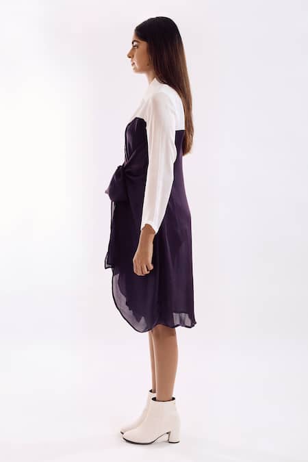 Notsosure_Purple Georgette, Satin Collared Half Tie Dress _Online_at_Aza_Fashions