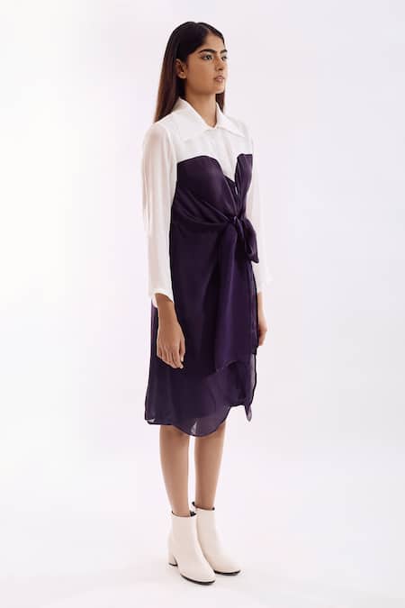 Buy_Notsosure_Purple Georgette, Satin Collared Half Tie Dress _Online_at_Aza_Fashions