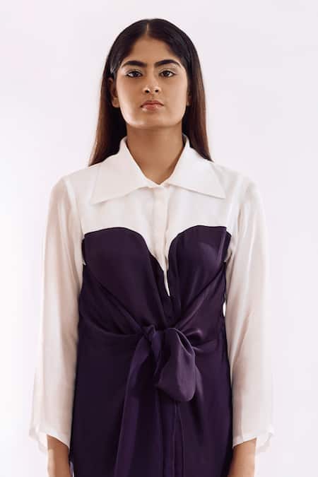 Shop_Notsosure_Purple Georgette, Satin Collared Half Tie Dress _Online_at_Aza_Fashions