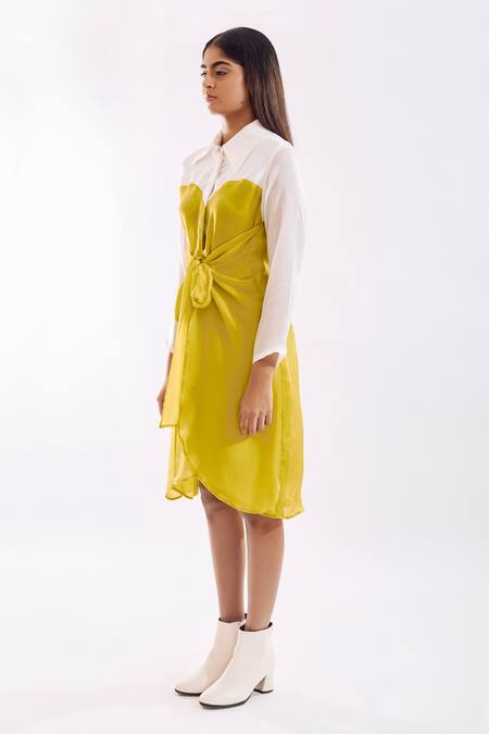 Notsosure Green Georgette, Satin Collared Half Tie Color Block Dress Online at Aza Fashions Notsosure_Green Georgette, Satin Collared Half Tie Color Block Dress _Online_at_Aza_Fashions