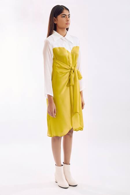 Buy Notsosure Green Georgette, Satin Collared Half Tie Color Block Dress Online at Aza Fashions Buy_Notsosure_Green Georgette, Satin Collared Half Tie Color Block Dress _Online_at_Aza_Fashions