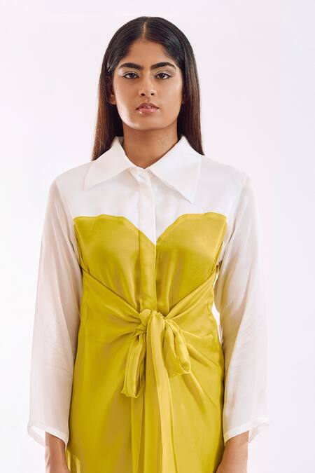 Shop Notsosure Green Georgette, Satin Collared Half Tie Color Block Dress Online at Aza Fashions Shop_Notsosure_Green Georgette, Satin Collared Half Tie Color Block Dress _Online_at_Aza_Fashions