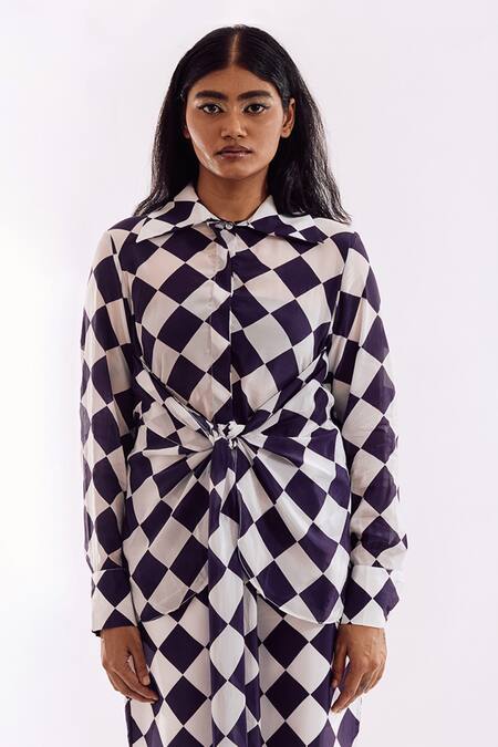 Buy Notsosure White Crepe Collared Checkered Front Knot Pant Set Online at Aza Fashions Buy_Notsosure_White Crepe Collared Checkered Front Knot Pant Set _Online_at_Aza_Fashions