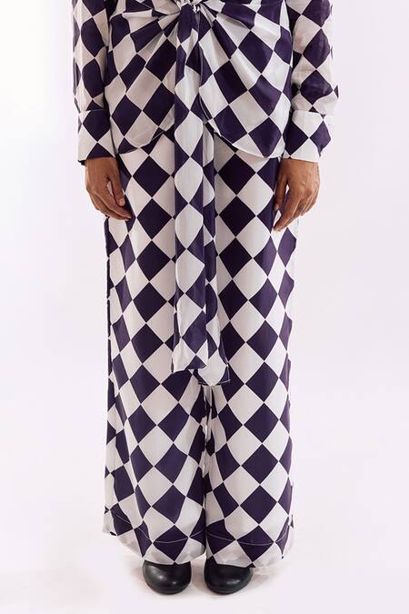 Shop Notsosure White Crepe Collared Checkered Front Knot Pant Set Online at Aza Fashions Shop_Notsosure_White Crepe Collared Checkered Front Knot Pant Set _Online_at_Aza_Fashions
