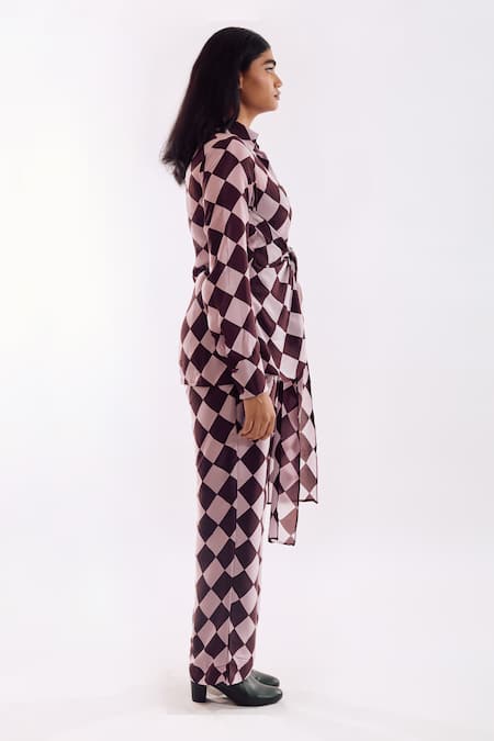 Notsosure Brown Crepe Collared Checks Front Tie Coord Set Online at Aza Fashions Notsosure_Brown Crepe Collared Checks Front Tie Coord Set _Online_at_Aza_Fashions