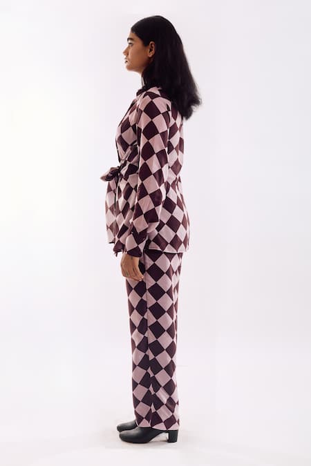 Buy Notsosure Brown Crepe Collared Checks Front Tie Coord Set Online at Aza Fashions Buy_Notsosure_Brown Crepe Collared Checks Front Tie Coord Set _Online_at_Aza_Fashions