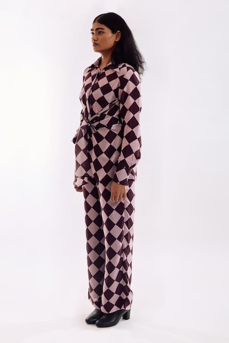 Shop Notsosure Brown Crepe Collared Checks Front Tie Coord Set Online at Aza Fashions Shop_Notsosure_Brown Crepe Collared Checks Front Tie Coord Set _Online_at_Aza_Fashions