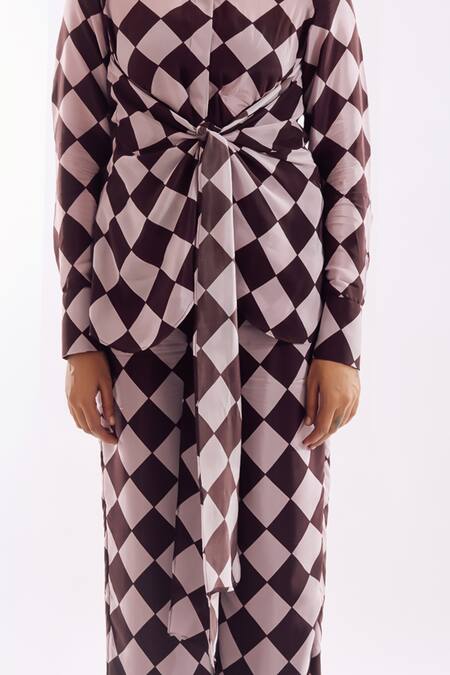 Buy Notsosure Brown Crepe Collared Checks Front Tie Coord Set Buy_Notsosure_Brown Crepe Collared Checks Front Tie Coord Set