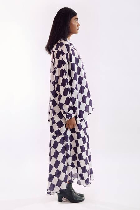 Notsosure White Crepe Collared Checkered Skirt And Shirt Coord Set Online at Aza Fashions Notsosure_White Crepe Collared Checkered Skirt And Shirt Coord Set _Online_at_Aza_Fashions