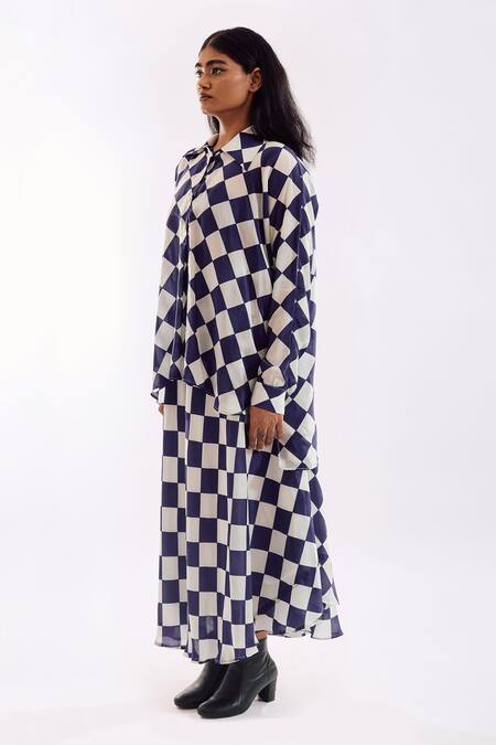 Notsosure_Cream Crepe Collared Checkered Top And Skirt Coord Set _Online_at_Aza_Fashions