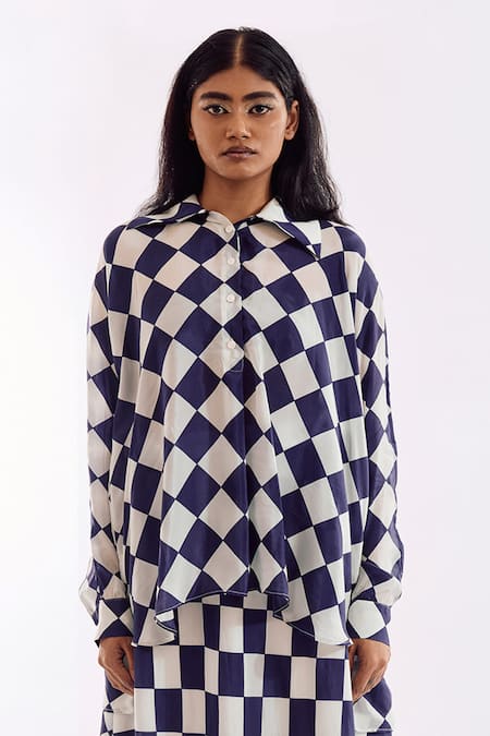 Shop_Notsosure_Cream Crepe Collared Checkered Top And Skirt Coord Set _Online_at_Aza_Fashions