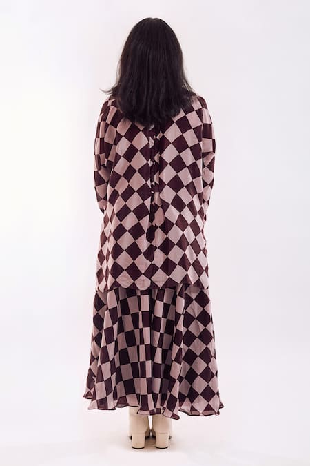 Shop Notsosure Brown Crepe Collared Checkered Pink Skirt Set at Aza Fashions Shop_Notsosure_Brown Crepe Collared Checkered Pink Skirt Set _at_Aza_Fashions