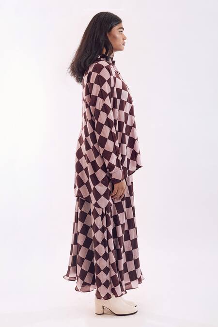 Notsosure Brown Crepe Collared Checkered Pink Skirt Set Online at Aza Fashions Notsosure_Brown Crepe Collared Checkered Pink Skirt Set _Online_at_Aza_Fashions