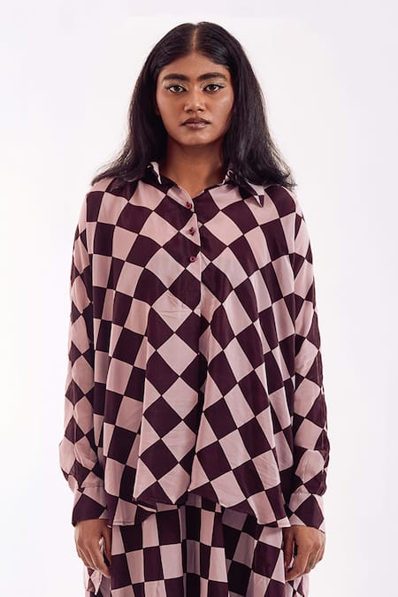 Buy Notsosure Brown Crepe Collared Checkered Pink Skirt Set Online at Aza Fashions Buy_Notsosure_Brown Crepe Collared Checkered Pink Skirt Set _Online_at_Aza_Fashions