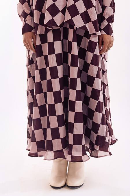 Shop Notsosure Brown Crepe Collared Checkered Pink Skirt Set Online at Aza Fashions Shop_Notsosure_Brown Crepe Collared Checkered Pink Skirt Set _Online_at_Aza_Fashions