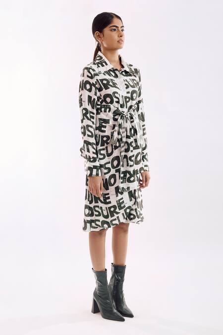 Notsosure White Cotton, Silk Collared Bold Digital Print Front Tie Dress Online at Aza Fashions Notsosure_White Cotton, Silk Collared Bold Digital Print Front Tie Dress _Online_at_Aza_Fashions