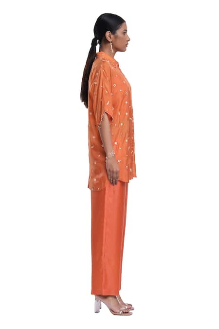 Surbhi Gupta_Orange Silk, Hemp Pearls, Mirrors, Embroidery Collared Co-ord Set _Online_at_Aza_Fashions