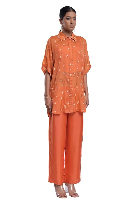 Buy_Surbhi Gupta_Orange Silk, Hemp Pearls, Mirrors, Embroidery Collared Co-ord Set _Online_at_Aza_Fashions