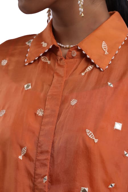 Shop_Surbhi Gupta_Orange Silk, Hemp Pearls, Mirrors, Embroidery Collared Co-ord Set _Online_at_Aza_Fashions