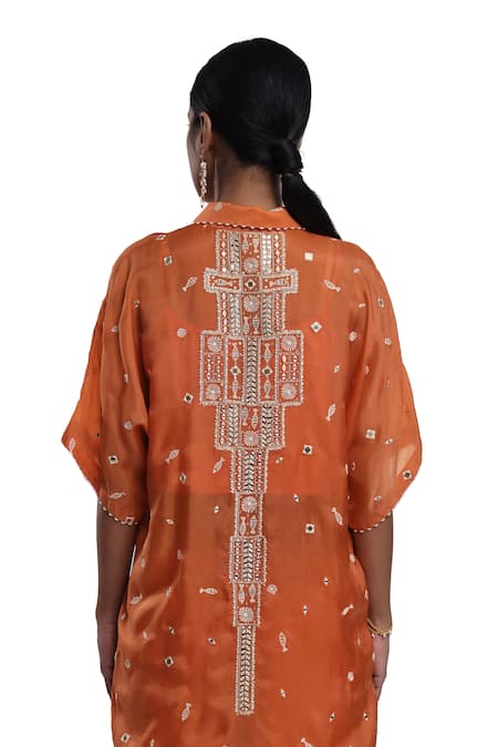 Surbhi Gupta_Orange Silk, Hemp Pearls, Mirrors, Embroidery Collared Co-ord Set _at_Aza_Fashions