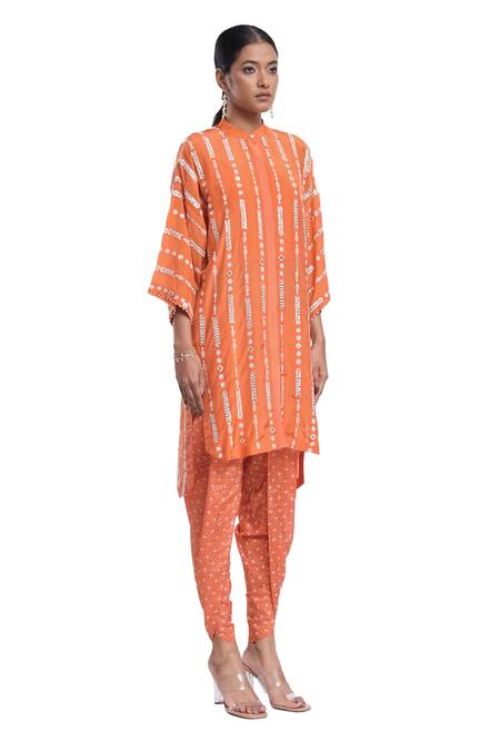 Surbhi Gupta_Orange Silk Pearls, Mirrors Mandarin Collar Stripe Co-ord Set _Online_at_Aza_Fashions