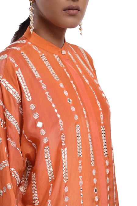Buy_Surbhi Gupta_Orange Silk Pearls, Mirrors Mandarin Collar Stripe Co-ord Set _Online_at_Aza_Fashions