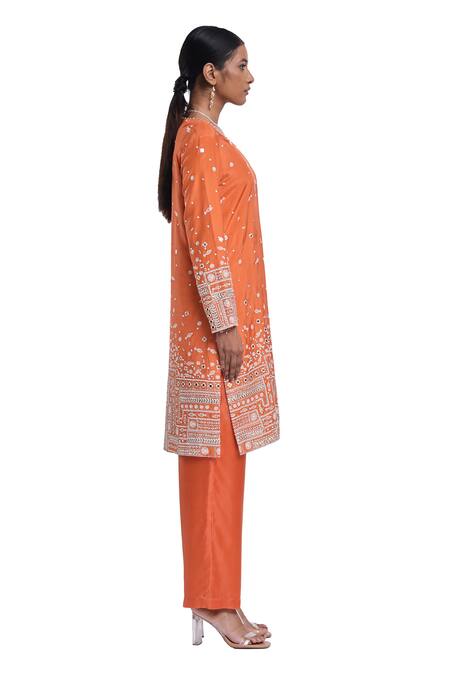 Surbhi Gupta_Orange , Hemp, Organza Embroidery, Pearls Round Neck Heavy Kurta Set _Online_at_Aza_Fashions