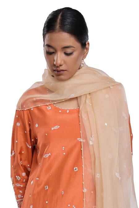 Surbhi Gupta_Orange , Hemp, Organza Embroidery, Pearls Round Neck Heavy Kurta Set _at_Aza_Fashions