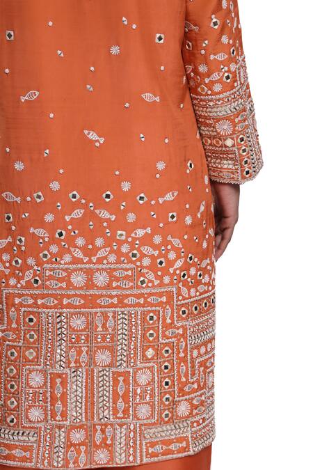 Buy_Surbhi Gupta_Orange , Hemp, Organza Embroidery, Pearls Round Neck Heavy Kurta Set 