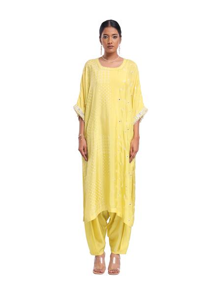 Buy_Surbhi Gupta_Green Silk Embroidery, Pearls Round Neck Half Block Printed Kurta And Salwar Set 