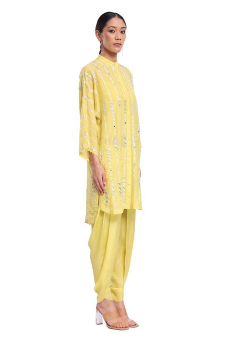 Buy_Surbhi Gupta_Green Silk Pearls, Mirrors Collared Lime Stripe Co-ord Set _Online_at_Aza_Fashions