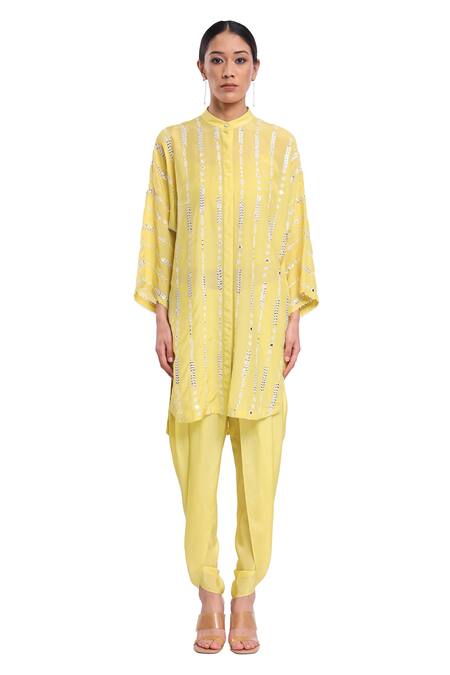 Shop_Surbhi Gupta_Green Silk Pearls, Mirrors Collared Lime Stripe Co-ord Set _Online_at_Aza_Fashions