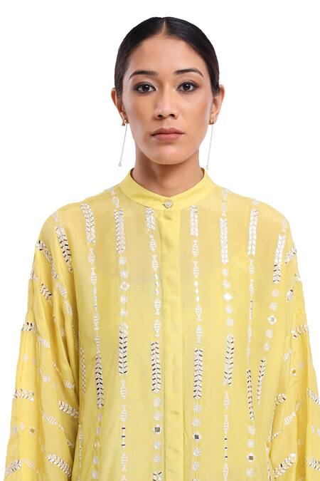 Surbhi Gupta_Green Silk Pearls, Mirrors Collared Lime Stripe Co-ord Set _at_Aza_Fashions