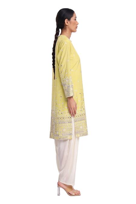 Surbhi Gupta_Green , Hemp, Organza Pearls, Mirrors Round Neck Lime Heavy Kurta Set _Online_at_Aza_Fashions