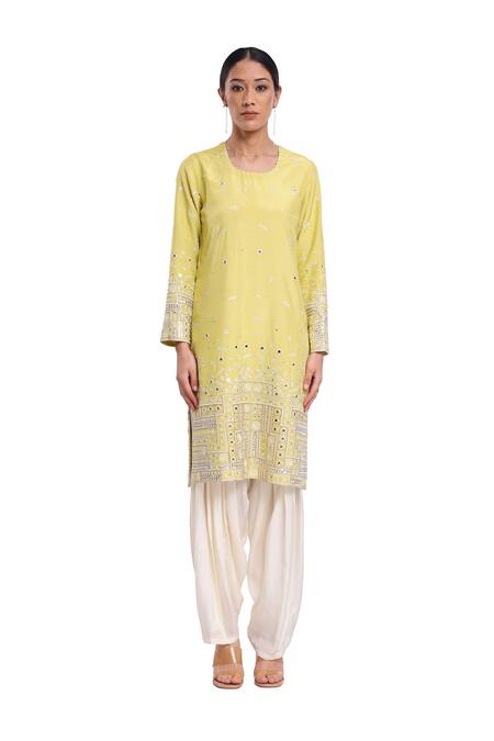 Buy_Surbhi Gupta_Green , Hemp, Organza Pearls, Mirrors Round Neck Lime Heavy Kurta Set _Online_at_Aza_Fashions