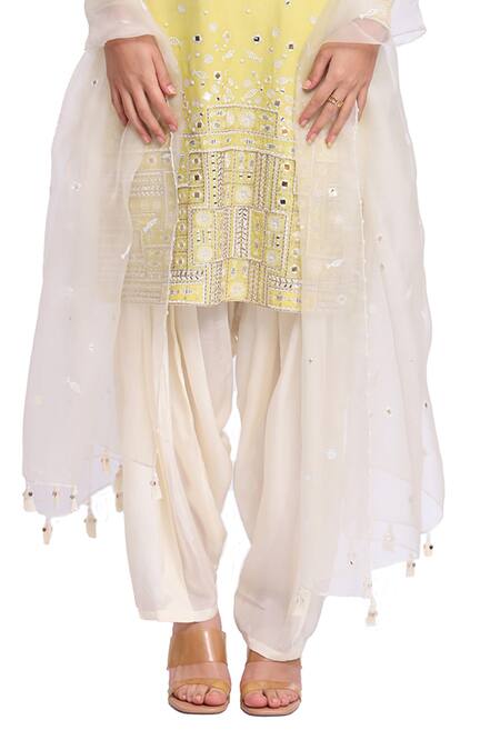 Shop_Surbhi Gupta_Green , Hemp, Organza Pearls, Mirrors Round Neck Lime Heavy Kurta Set _Online_at_Aza_Fashions