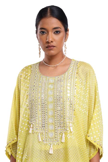 Shop_Surbhi Gupta_Green Silk, Cotton Pearls, Mirrors Round Neck Lime Yoke Kurta And Salwar Set _Online_at_Aza_Fashions