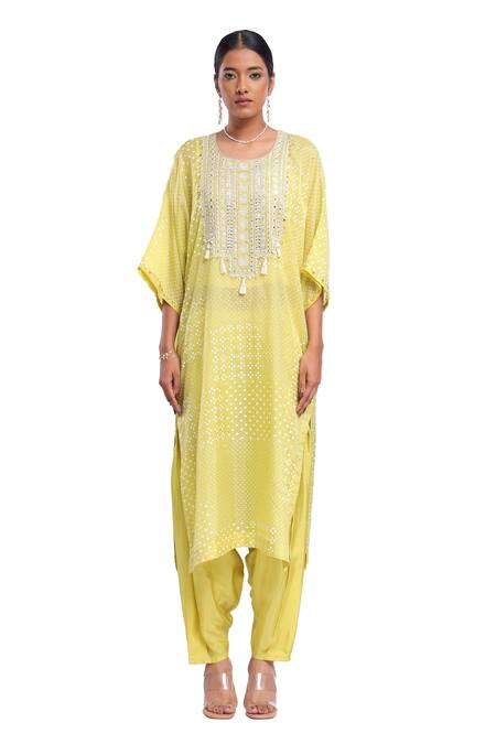 Surbhi Gupta_Green Silk, Cotton Pearls, Mirrors Round Neck Lime Yoke Kurta And Salwar Set _at_Aza_Fashions