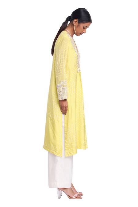 Buy_Surbhi Gupta_Green , Organza Pearls, Tassels V-neck Lime Cuff Kurta Set _Online_at_Aza_Fashions