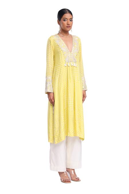 Shop_Surbhi Gupta_Green , Organza Pearls, Tassels V-neck Lime Cuff Kurta Set _Online_at_Aza_Fashions